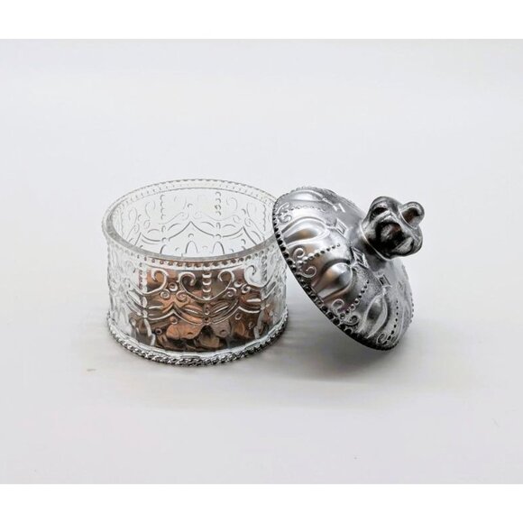 Decorative Small Clear Resin Storage Jar W/Ornate Silver Lid For Jewelry & More - Picture 2 of 7